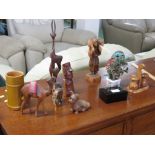 DECORATIVE ITEMS INCLUDING TREEN ANIMALS, LACQUERED TRINKET BOX, ETC