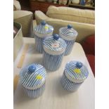 SET OF FIVE BLUE AND WHITE STRIPED LIDDED KITCHEN CADDIES