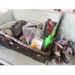 BOX OF ASSORTED HOMEWARE INCLUDING CHILDREN'S TOYS, ROLLER BLADES, PUZZLES, TORCHES ETC (SOLD AS