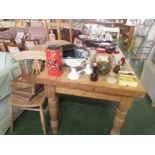 RUSTIC PINE RECTANGULAR KITCHEN TABLE WITH SINGLE DRAWER STANDING ON BALUSTER TURNED LEGS,