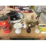 VINTAGE WARE INCLUDING CERAMIC WASH BOWL, FOLDING TOP HAT, COMMERCIAL BOTTLES AND JARS, HACKS