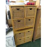 PAIR OF LIGHT WOOD FRAMED UNITS, EACH WITH FOUR WICKER DRAWERS