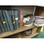 ONE SHELF OF BOOKS, NEWSPAPERS, STAMPS AND EPHEMERA.