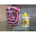 GRAYS POTTERY PINK GLAZE LIDDED JAR DECORATED WITH CLASSICAL DOLPHINS, AND GRAYS POTTERY YELLOW