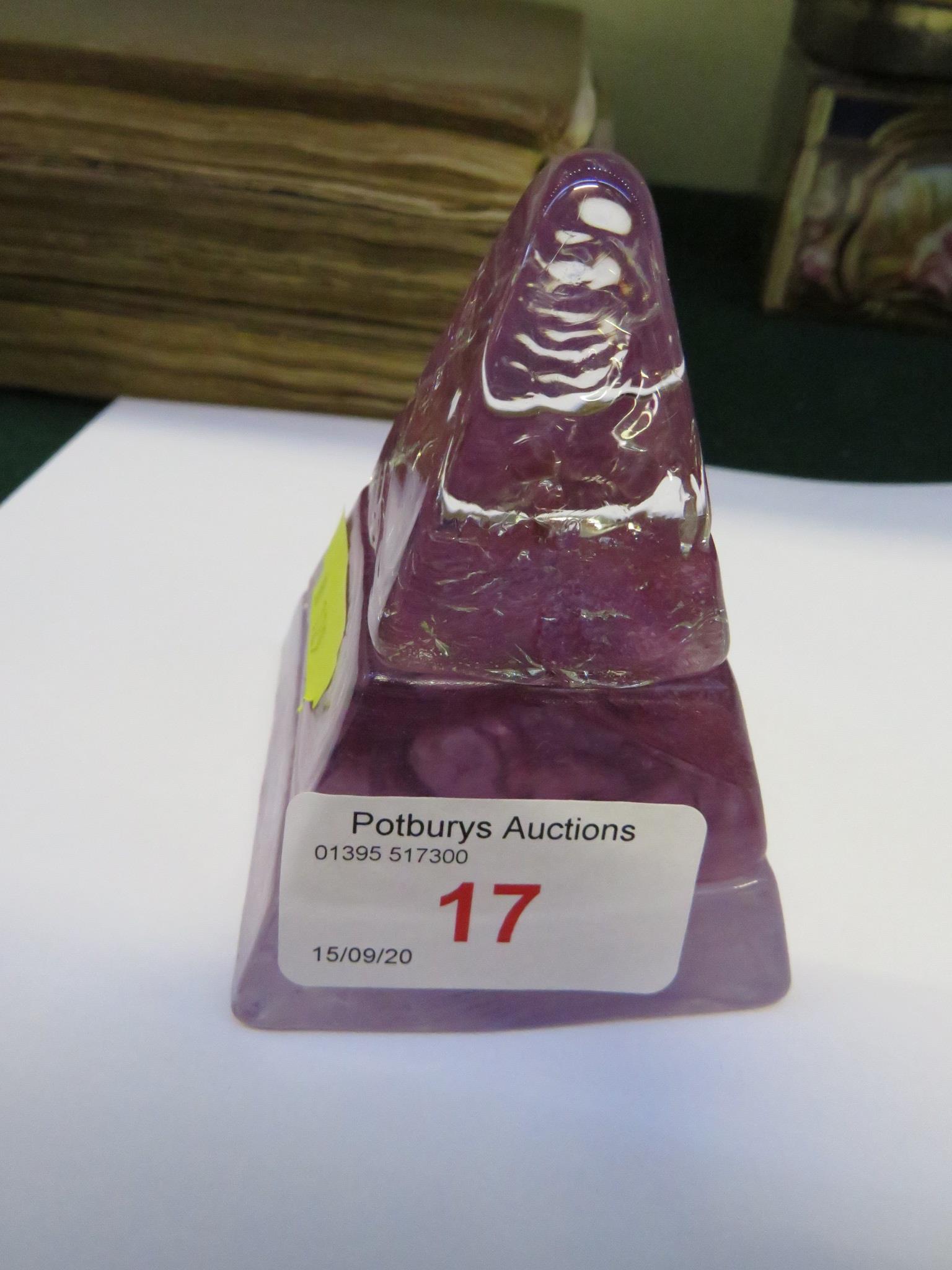 STUDIO GLASS PYRAMID SHAPED PAPERWEIGHT SIGNED 'DAN ASTON'.