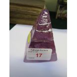 STUDIO GLASS PYRAMID SHAPED PAPERWEIGHT SIGNED 'DAN ASTON'.