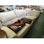 TWO SEATER SOFA, ARMCHAIR AND FOOTSTOOL IN BEIGE LOZENGE PATTERN UPHOLSTERY