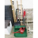 LONG HANDLED GARDEN HAND TOOLS, TWO TREAD ALUMINIUM STEPS, FOLDING CHAIR, PLASTIC POTTING TRAY ETC