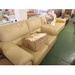 BEIGE LEATHER EFFECT THREE SEATER SOFA AND MATCHING TWO SEATER SOFA