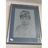 FRAMED AND GLAZED CHARCOAL PORTRAIT OF BOY, WITH INSCRIPTION