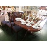 MAHOGANY VENEERED DINING TABLE, MATCHING SIDEBOARD AND SIX DINING CHAIR FRAMES (SEAT PADS FOR