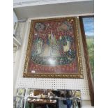 FRAMED TAPESTRY DEPICTING FIGURES WITH LION AND UNICORN