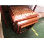 NEST OF THREE G-PLAN TEAK OCCASIONAL TABLES, LARGEST WITH TILED TOP.