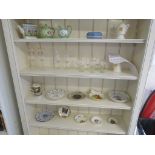 FOUR SHELVES OF CHINA AND GLASS INCLUDING SADLER DECORATIVE TEAPOT, STEMMED DRINKING GLASSES ETC