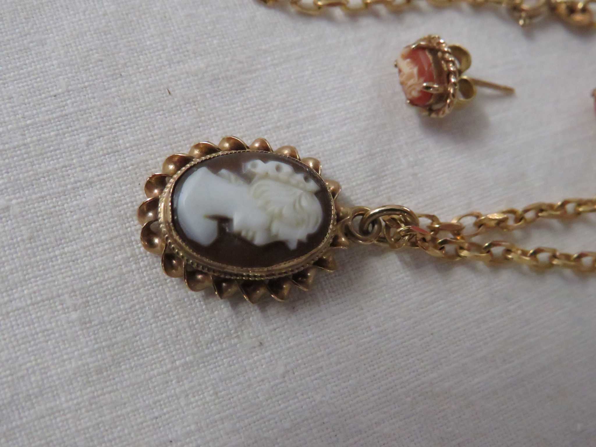 CAMEO PENDANT IN GOLD MOUNT ON A 9 CARAT GOLD CHAIN TOGETHER WITH A PAIR OF CAMEO EARRINGS IN GOLD - Image 2 of 3