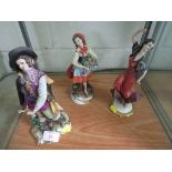 A CAPODIMONTE PORCELAIN FIGURE OF CAVALIER STYLE GENT, FLOWER GIRL AND FLAMENCO DANCER