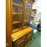 SIMULATED MID OAK GLAZED DRESSER WITH TWO DRAWERS AND DOORS TO BASE