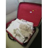 SUITCASE WITH CONTENTS OF ASSORTED LINEN AND LACE ITEMS