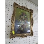 AN OIL ON BOARD, STILL LIFE OF FLOWERS, GLAZED AND IN GILT EFFECT FRAME.