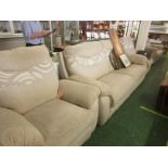 BEIGE UPHOLSTERED THREE PIECE SUITE INCLUDING TWO MANUALLY RECLINING ARMCHAIRS