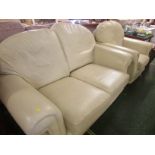 BEIGE LEATHER TWO SEATER SOFA AND MATCHING ARMCHAIR