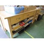 LARGE BEECH WOOD WORK UNIT WITH THREE DRAWERS AND SHELVES BENEATH, TOGETHER WITH A MATCHING