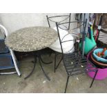 MOSAIC TILED TOPPED CIRCULAR GARDEN BISTRO TABLE ON METAL FRAME, TOGETHER WITH TWO MATCHING CHAIRS