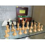 LATE 1990S JAQUES STAUNTON WEIGHTED BOXWOOD AND EBONY CHESS SET WITH REDWOOD BOX AND BROCHURE (