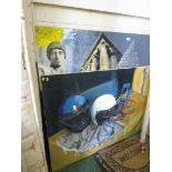 LARGE MIXED MEDIA WORK ON BOARD, AND LARGE OIL ON CANVAS STILL LIFE OF RACING HELMETS