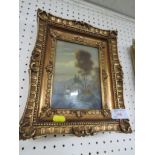 A SMALL OIL ON BOARD OF TREES AND STREAM, SIGNED LOWER RIGHT IN GILT EFFECT FRAME.