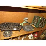 IRON TRIVETS, SPONG MINCER, AND A VICTOR BOOK STAND