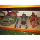 JERRY CAN, 2.3 TON TROLLEY JACK, JUMP CABLES AND TWO AXEL STANDS