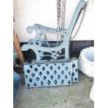 PAIR OF PALE GREEN PAINTED CAST METAL CHAIR ENDS AND LATTICE STYLE BACK PANELS (SEE ALSO LOTS