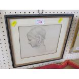 PENCIL STUDY OF GIRLS HEAD SIGNED MARK L SYMONS, FRAMED AND GLAZED, LABELS TO REVERSE