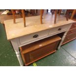 White painted two drawer hall table with light wood top.