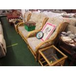 Cane framed conservatory set comprising two seater sofa, pair of armchairs with foliate