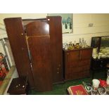 MID TWENTIETCH CENTURY DARK WOOD VENEERED SINGLE DOOR WARDROBE WITH A MATCHING THREE DRAWER