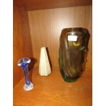 SMOKED GLASS VASE OF ORGANIC FORM, IRIDESCENT CONICAL GLASS VASE AND A BLUE GLASS STEM VASE