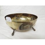 WHITE METAL CIRCULAR FRUIT BOWL RAISED ON FOUR FEET, STAMPED 800CT, WITH FOUR ENGRAVED REPOUSSE