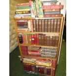 FIVE SHELVES OF FICTION AND REFERENCE BOOKS INCLUDING DICKENS