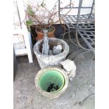 GARDEN POTS, TERRACOTTA STRAWBERRY PLANTER WITH SHRUB AND CAT ORNAMENTS (A/F)