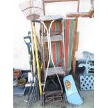 WOODEN DECK CHAIR, STEPLADDER, MANUAL LAWNMOWER, GARDEN TOOLS ETC