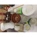 QUANTITY OF KITCHEN CHINA INC. BOWLS, LIDDED BUTTER DISH, CASSEROLE DISH ETC.