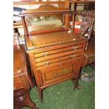 EDWARDIAN MAHOGANY AND EBONY INLAID CABINET OF TWO DRAWERS, WITH PAINTED FALL FRONT COMPARTMENT