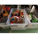 Three boxes of Playmobile items including figures, vehicles, playset, pirate ship. As found.