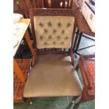 Victorian mahogany framed low side chair with button back green draylon upholstery and carved