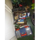 ASSORTED HAND TOOLS, INSPECTION LAMP ETC (CONTENTS OF THREE TRAYS AND PLASTIC TOOLBOX)