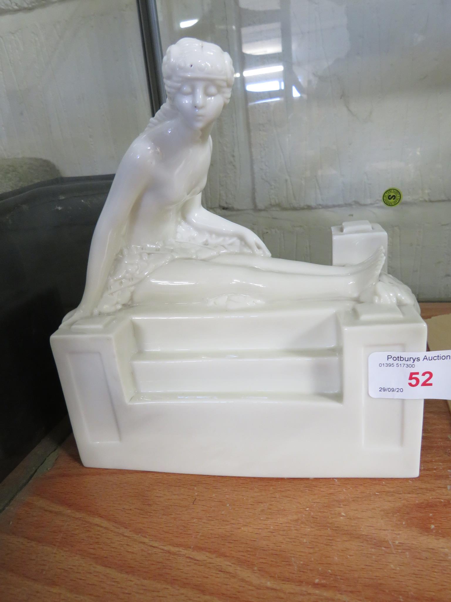 WHITE PORCELAIN MODEL OF DRAPED ART NOUVEAU STYLE LADY ON PEDIMENT