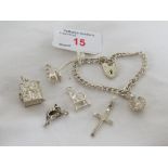 SILVER CHARM BRACELET WITH HEART-SHAPE CLASP AND ONE WHITE METAL CHARM, TOGETHER WITH FIVE LOOSE