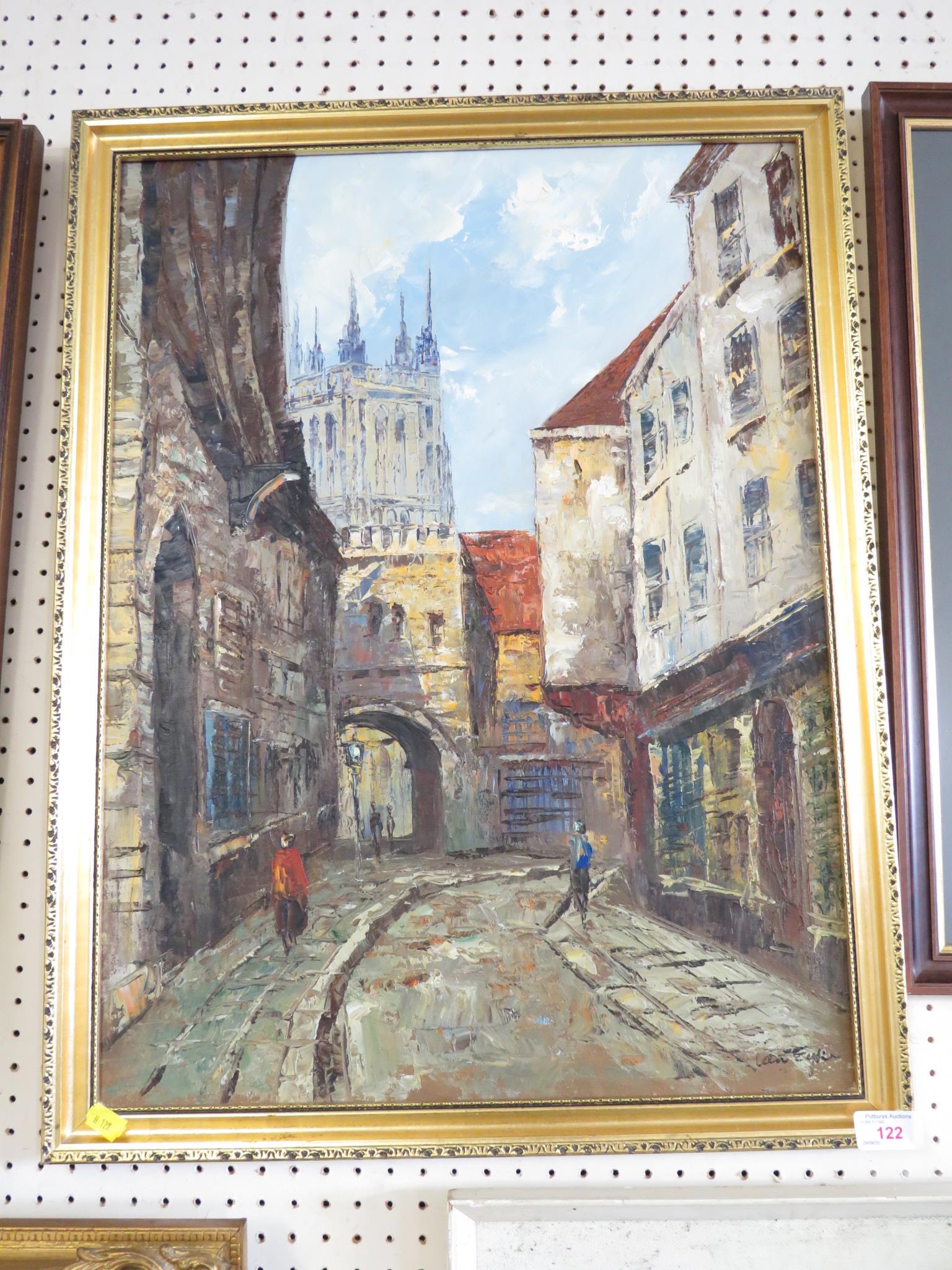 FRAMED OIL ON BOARD STREET SCENE WITH CATHEDRAL, SIGNED LOWER RIGHT